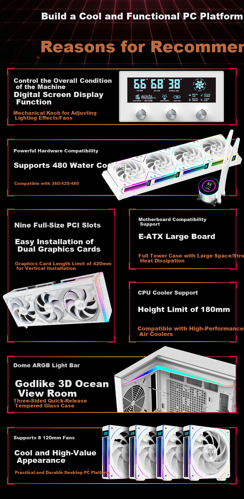 AOC AICG860W White EATX Gaming Computer Case with Three-Sided Glass View, Quick-Release Design, 9-Slot Dual Graphics Card Support, 480mm Water Cooling Compatible, Functional Display Scree 2