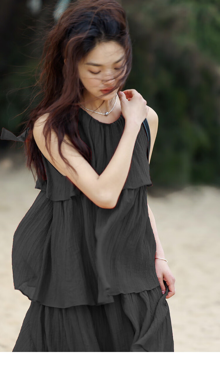 Dme [Heavy Workmanship Layered Spaghetti Strap Dress], Summer Vacation Style, Retro Brick Red, Elegant Cake Skirt 33