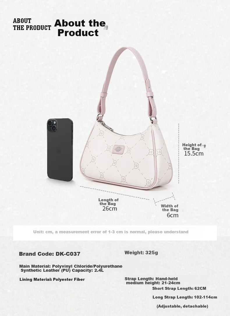 Dickies Shoulder Bag for Women, Crossbody Bag with Detachable Strap, All-Over Floral Print DK Casual Underarm Bag, High-End Handheld Tote in Pink 8