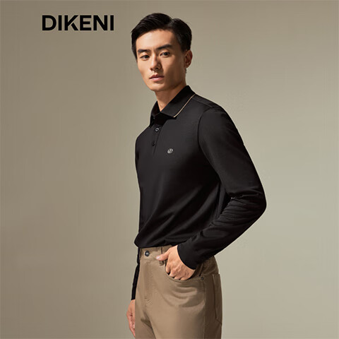 DIKENI Spring And Autumn Men's Lapel Long-Sleeve Knitted Business-Style Polo Shirt, Black, 2XL (54)