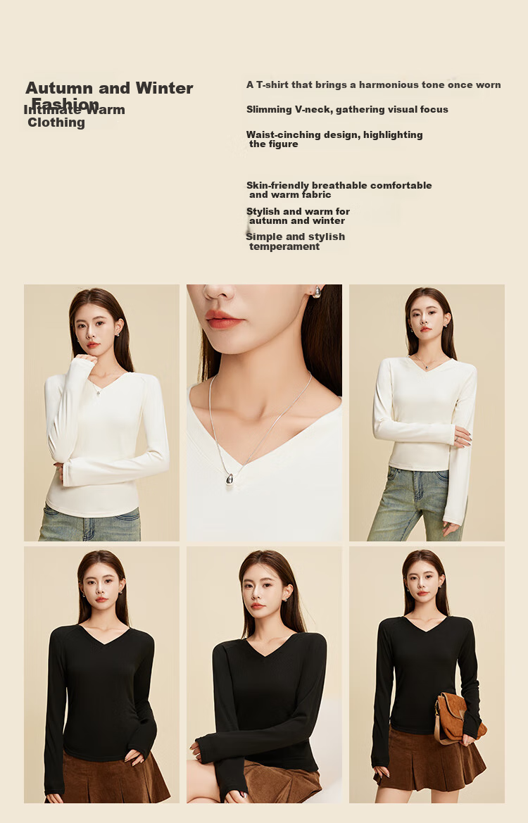 Ordifen Women's Base Layer, Fashionable V-Neck Seamless Inner Wear, Waist-Cinching Slimming Autumn And Winter Soft Brushed Long-Sleeve T-Shirt, White M 2