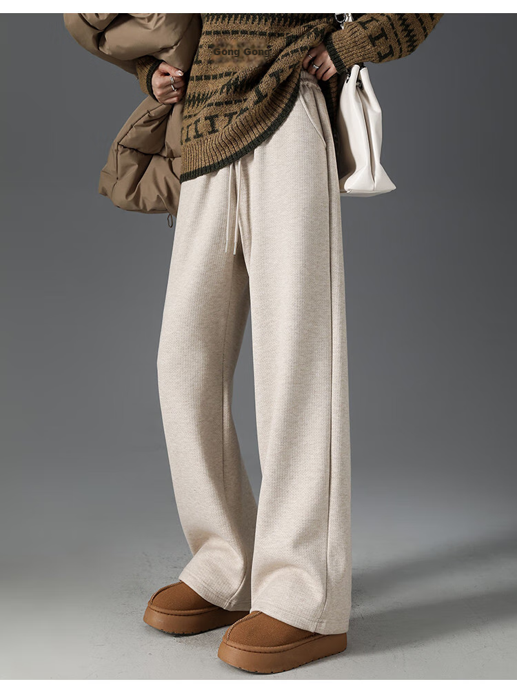 Dme Fleece-Lined Warm Maillard Style Autumn And Winter Simple Solid Color Versatile Straight-Leg Pants Women's Wide-Leg Trousers, Coffee Color, L 9