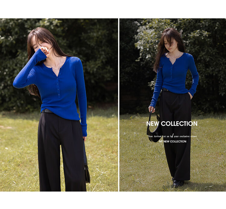 Mt [Hanfan Geleixi] Autumn Style, Elegant Round Neck Fashionable Versatile Half-Zip Long-Sleeve Sweater, Klein Blue 5
