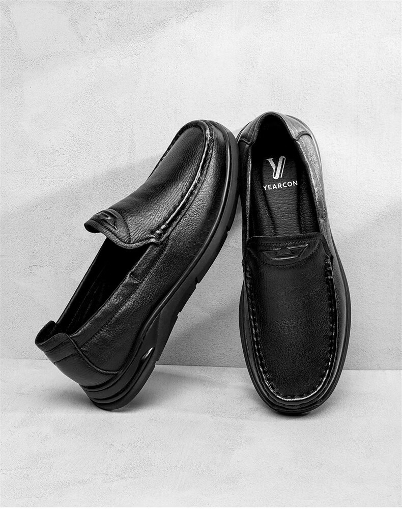 Yierkang Casual Leather Shoes for Men, Comfortable Slip-On Loafers with Perforated Design for Middle-Aged Fathers, Model 61775W, Black, Size 41 12