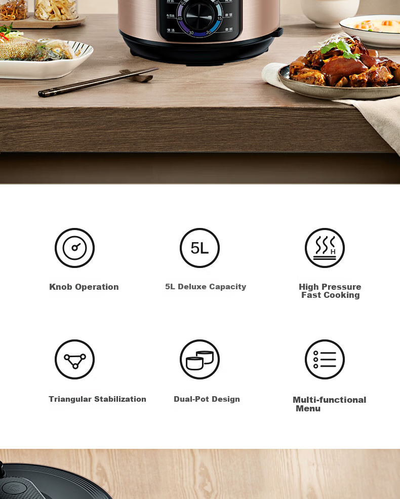Midea Electric Pressure Cooker, Home Use 5L Double Pot, Large Capacity Multifunctional Rice Cooker, One-Button Air Release, Mechanical Control Electric High Pressure Cooker 2