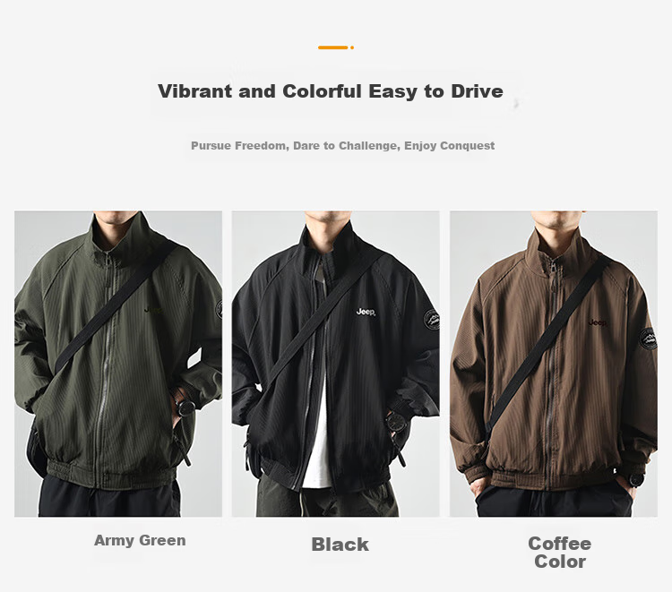 JEEP Men's Jacket, Spring And Autumn Outerwear, Loose Fit, Trendy And Cool Stand-Up Collar, Casual Clothing, Black, 4XL 5