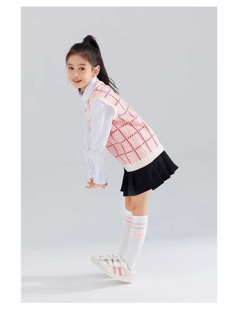 QQ DUCK Children's Clothing, Girls' Sweater Vest, Big Kids' Waistcoat, Knitted Sweater, Strawberry Plaid, Pink; 120 11