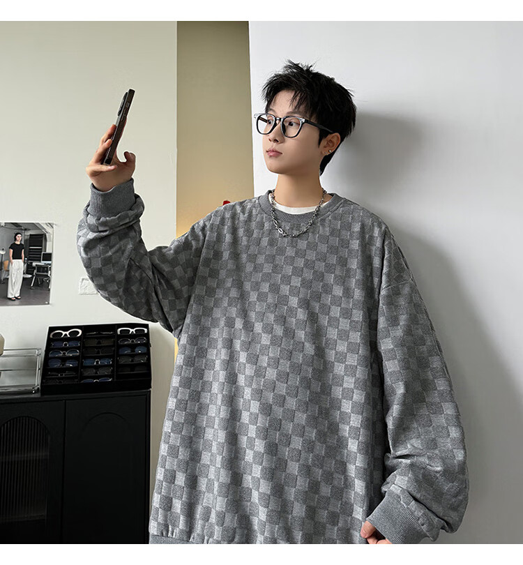 Dingfengbaoluo Japanese-Style Plaid Crew Neck Sweatshirt for Men, Spring Loose-Fitting High-End Casual Base Layer Top DFL77 Black XL 26