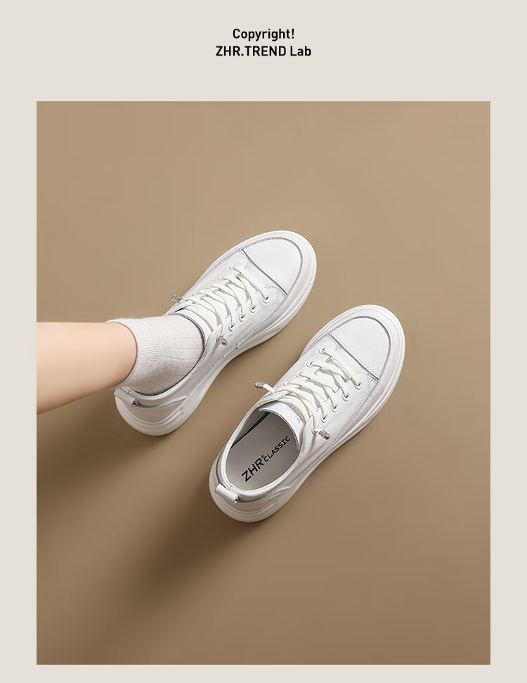 ZHR Top-Grain Leather White Sneakers for Women, Thick-Soled Height-Increasing Casual Shoes, Lightweight Versatile Women's Shoes, KS59F, White, Size 36 4