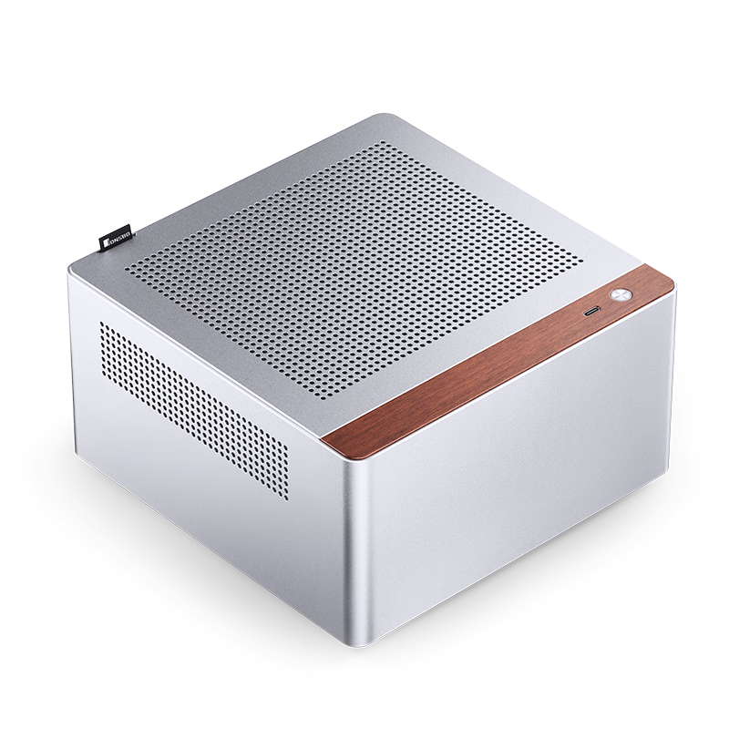 JONSBO NV10 Silver ITX Mini Desktop Case (3.3mm Aluminum Alloy Shell, North American Black Walnut Wood, ITX Form Factor, 4.5L Volume, PCIE 4.0 Adapter Cable)