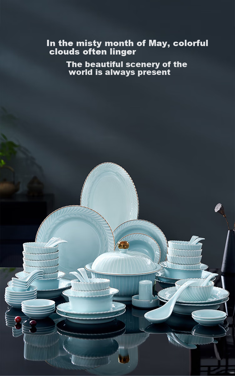 JD Original Bowl And Plate Tableware Set, Ceramic Dinnerware Gift Box for Housewarming, Qingkongjimoyue 66-Piece Set 8