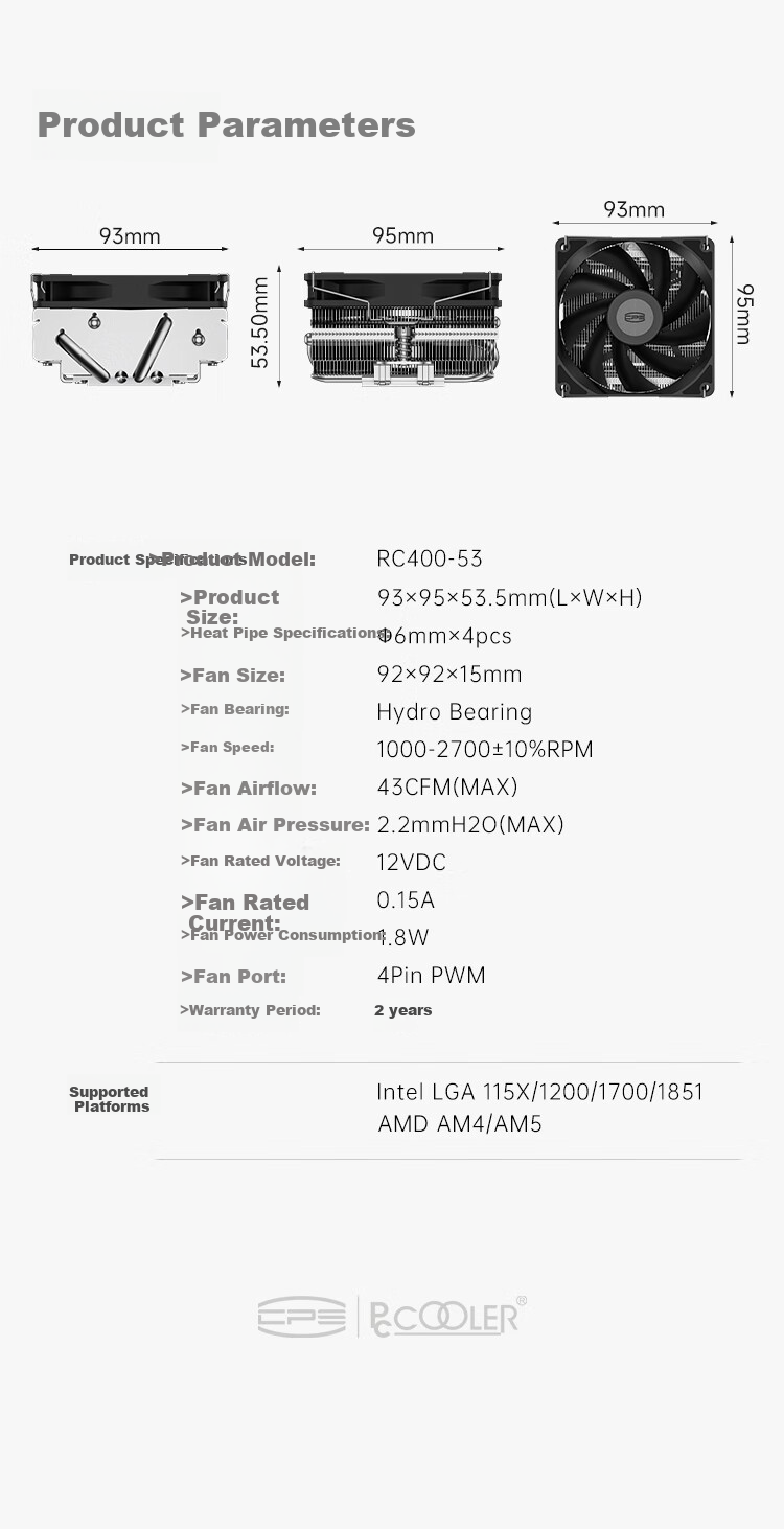 PCCOOLER RC400-53 ITX Air-Cooled CPU Cooler (Bottom Pressure/53mm Height/4 Heat Pipes/Copper Base with Reflow Soldering And Nickel Plating Process/Supports AM5 1700) 5
