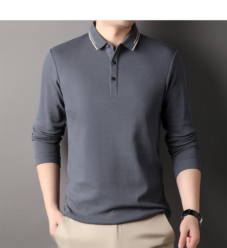 ROMON 100% Cotton Long Sleeve Men's Polo Collar Business Casual Knit Shirt Spring Autumn 11