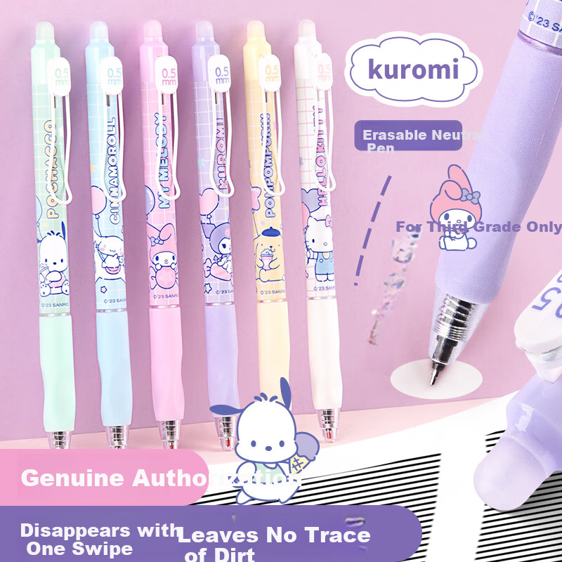 GuangBo Erasable Gel Pen, Sanrio Collaboration Push-Button Black 0.5mm ST Tip Elementary School Cartoon Pen, Thermal Friction Signature Pen 6 Pcs, Back-To Stationery KT82116-6