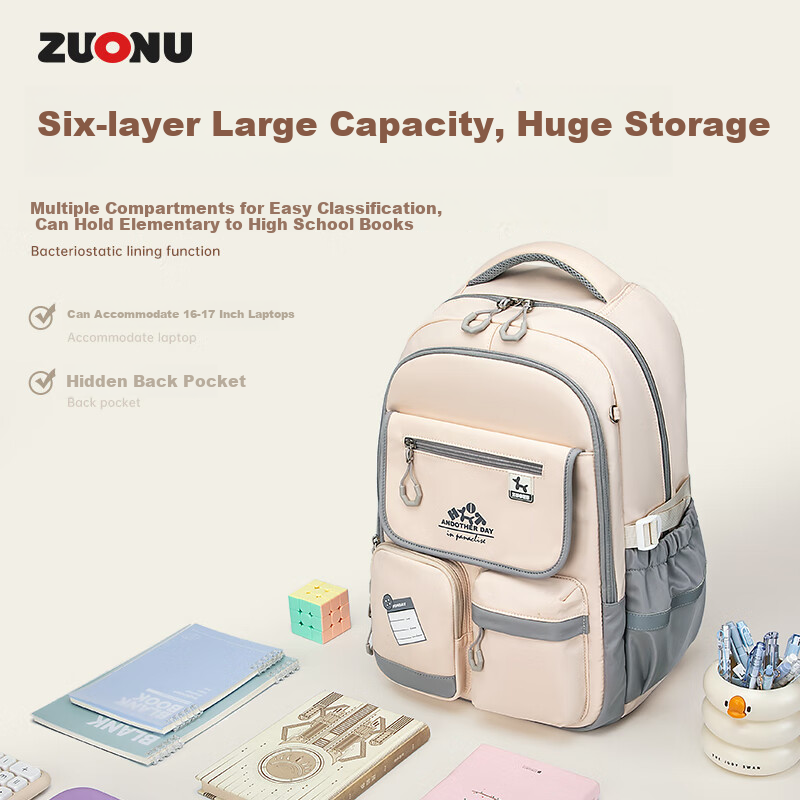 ZUONU Middle School Backpack for Girls And Boys, Lightweight Spine Protection High School Backpack with Large Capacity, Wear-Resistant And Tear-Resistant Travel Backpack Rice Dumpling Color