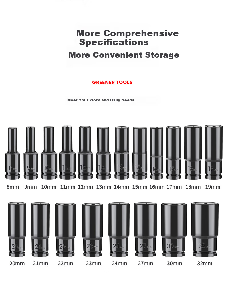 GREENER Electric Wrench Socket Set, Hexagonal Extended Impact Wrench Socket Heads, Household Use, 8-24mm Sockets, 10-Piece Set 6