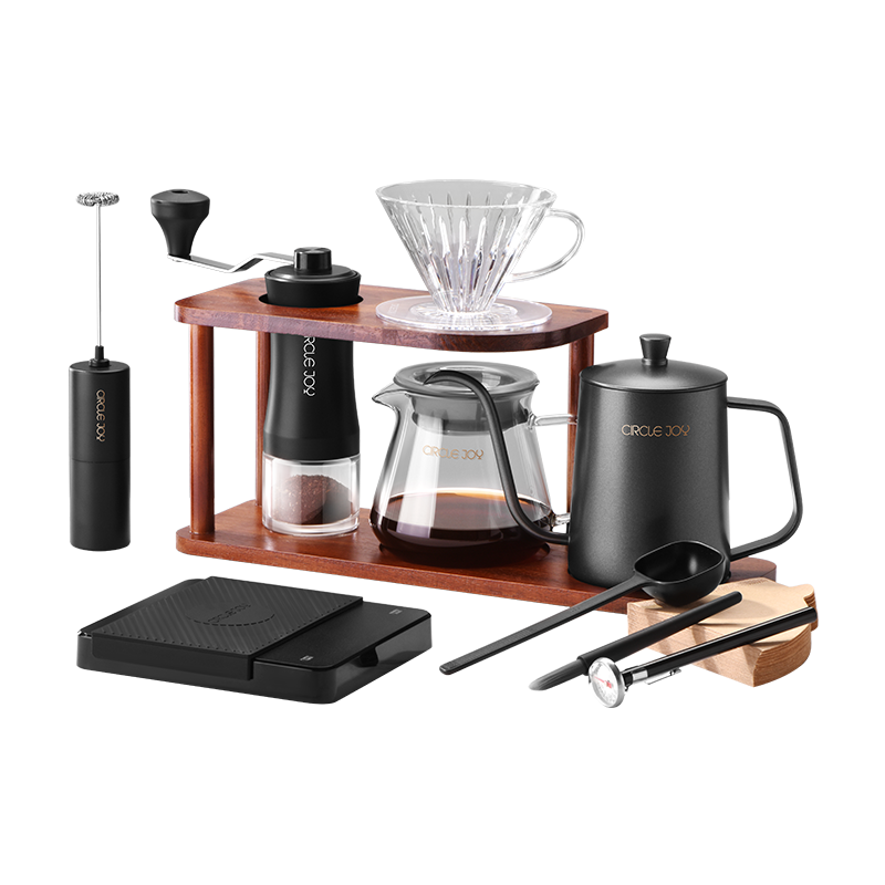 Circle Joy Pour-Over Coffee Maker Set, Hand Grinder Coffee Machine, Manual Coffee Bean Grinder, Wooden Storage Rack, 11-Piece Set