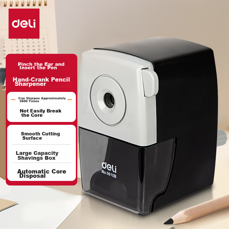 Deli Classic Black And White Student Hand-Crank Pencil Sharpener / Pencil Sharpener / Rotary Pencil Sharpener, Student Exam Stationery, Children's Birthday Gift for Boys And Girls