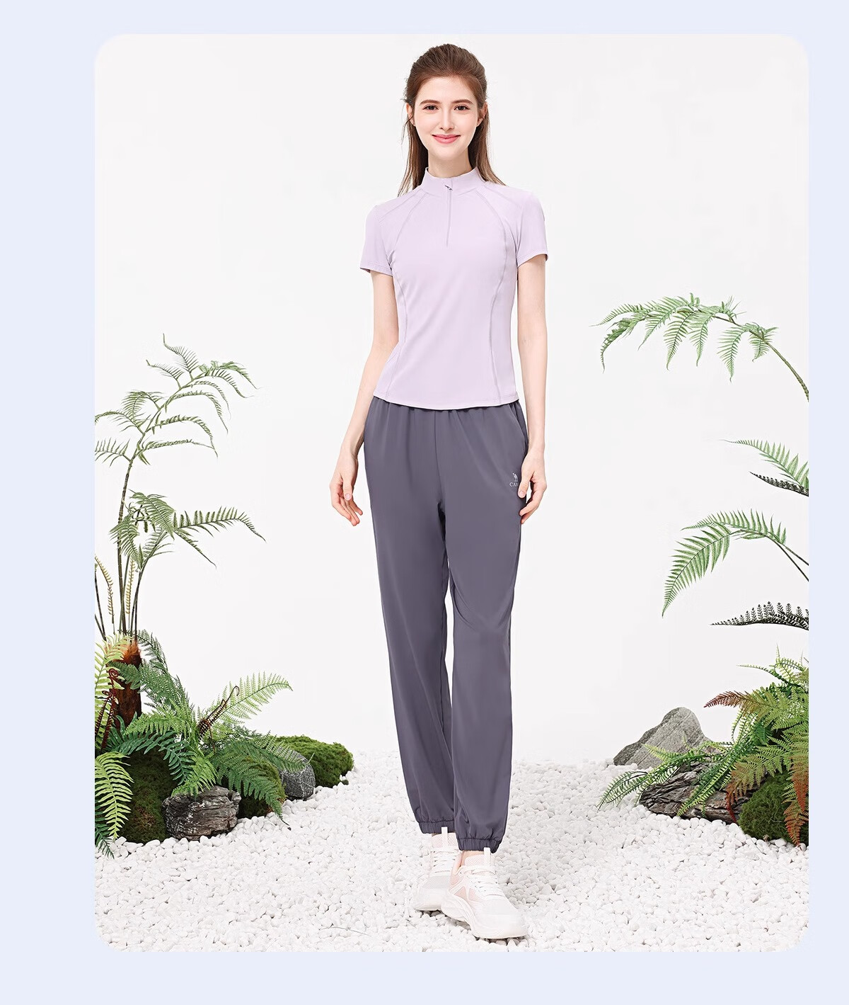 CAMEL Yoga Set Quick-Dry Breathable Sports Women's Short-Sleeve Two-Piece Set L Ice Blue/gray Lavender, Stand-Up Collar Style 30