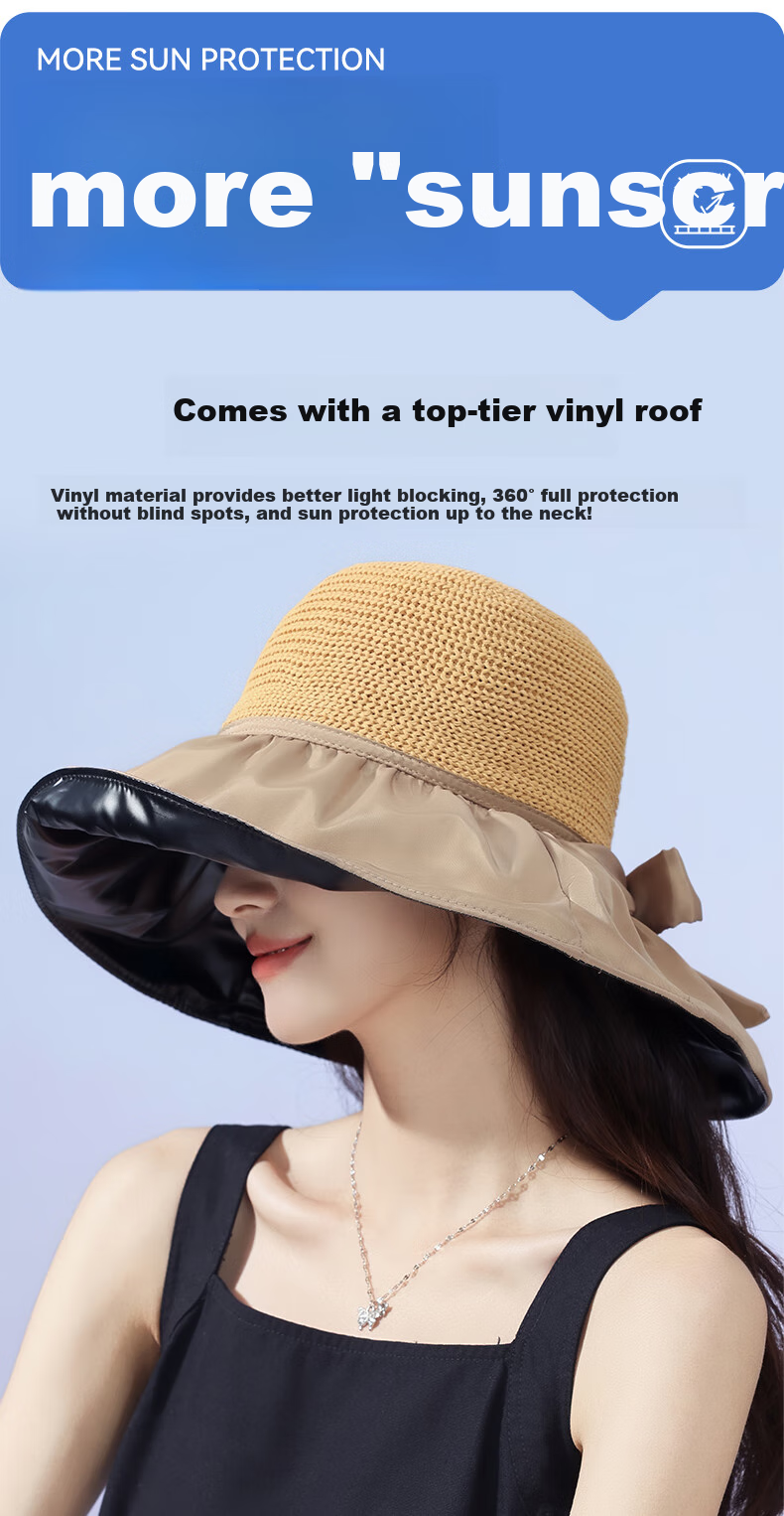 FitonTon Women's Wide Brim Sun Hat, UV Protection Black Gel Visor Cap, Summer Outdoor Versatile Straw Hat 2