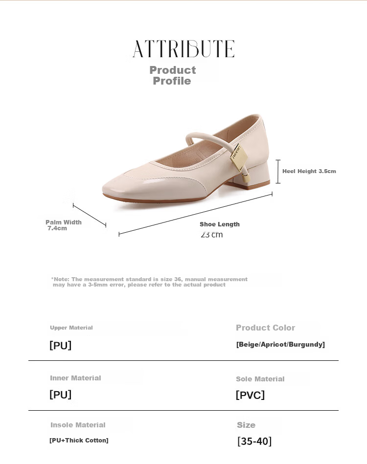 ZHR Mary Jane Shoes for Women, Elegant Shallow Mouth Chunky Heel Pumps, Square Toe Women's Shoes, K283, Beige, Size 36 3