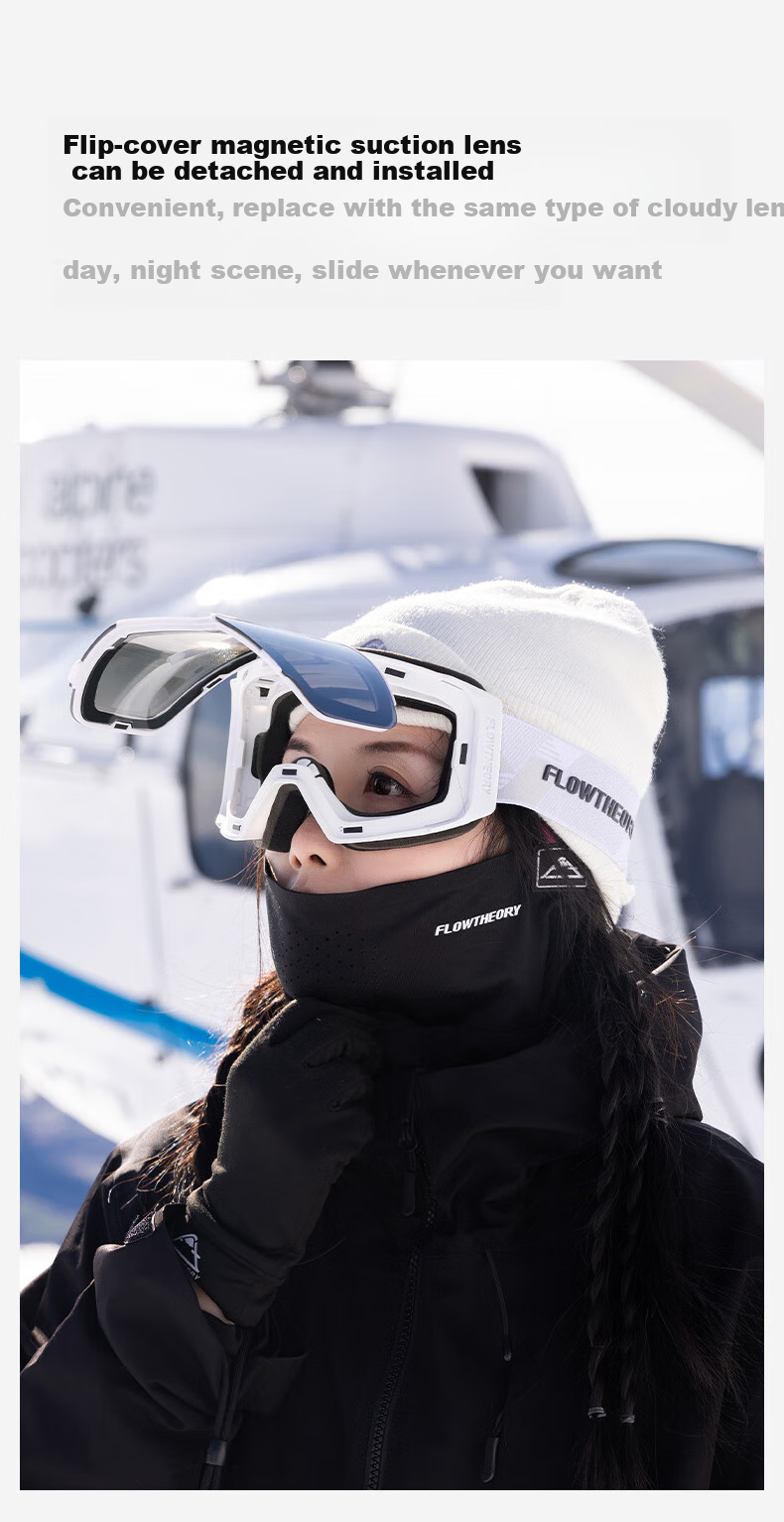 Flow Theory Magnetic Flip-Up Anti-Fog Ski Goggles for Men And Women, Suitable for Single And Double Board Skiing, with Photochromic Lenses for Myopia Protection, Obsidian Black 8