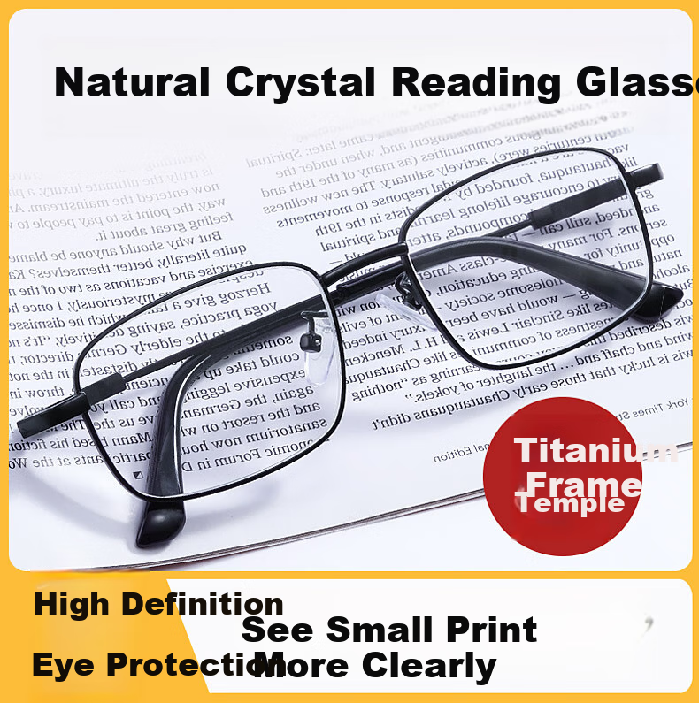 GOGOSOON Titanium Frame Crystal Reading Glasses for Men, Pure Natural Crystal Stone Glasses, High-Definition Ultra-Light, High-End Titanium Frame Vintage Gold 1