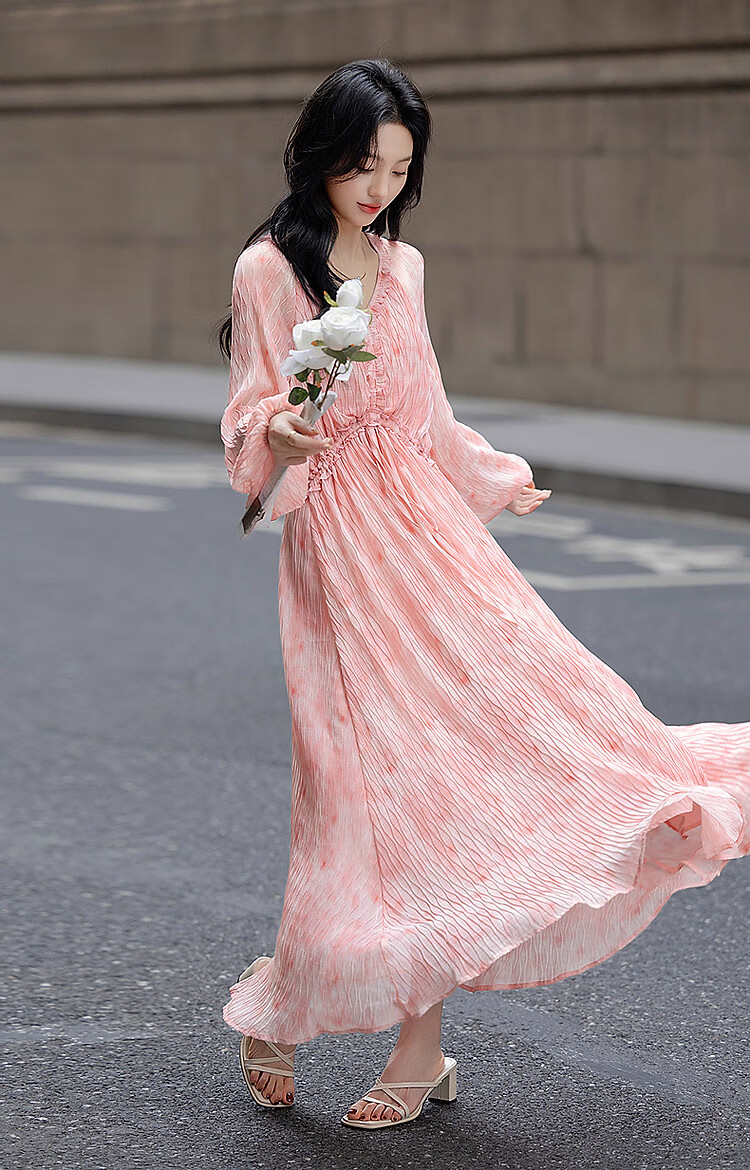 Dme [French-Style Muse] Spring Lightweight Wrinkle-Resistant Chiffon Floral Fairy Dress, Waist-Cinching Ruffle Trim Women's Dress 9