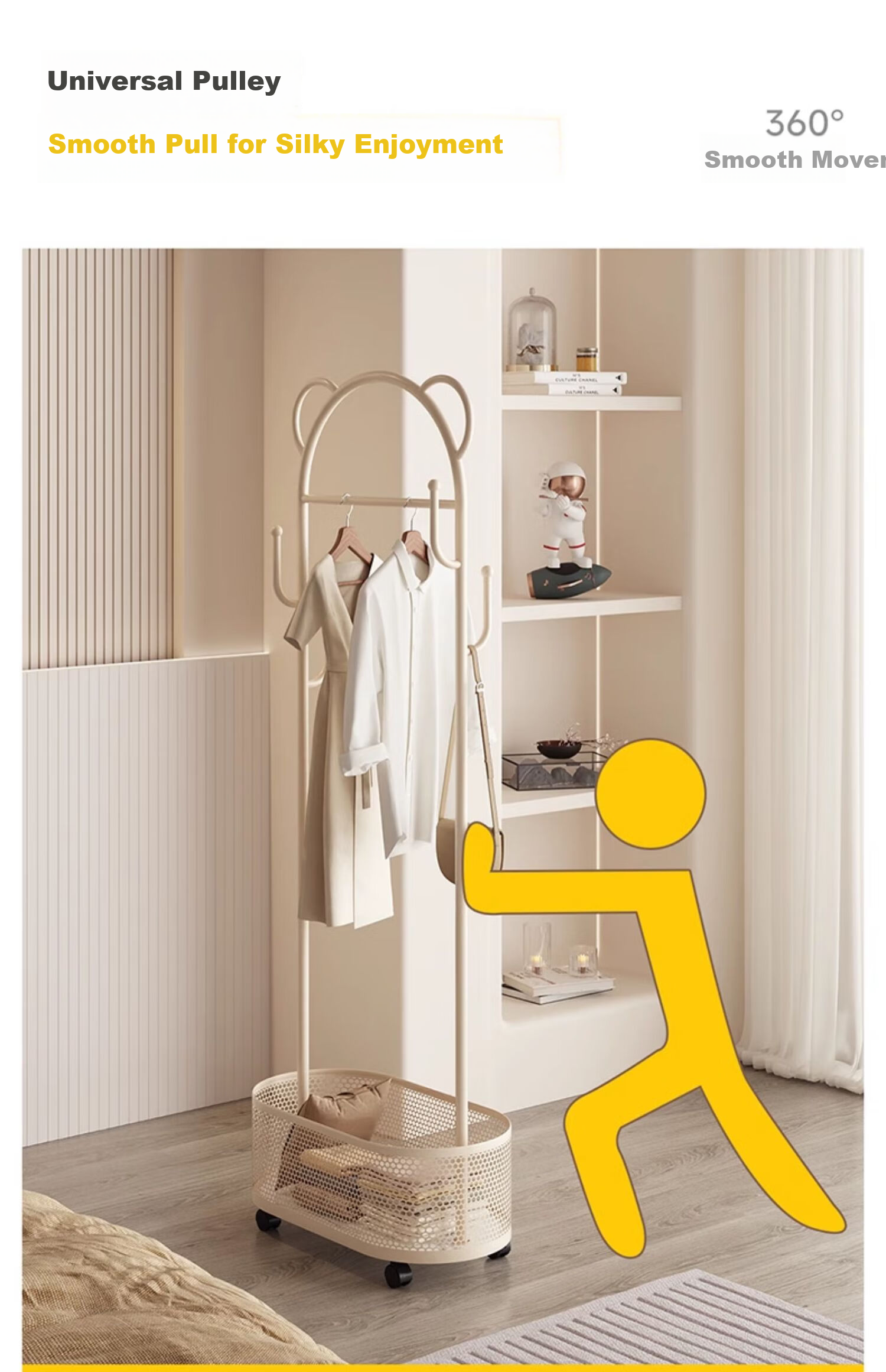 XIAOJIANGCAI Coat Rack, Floor-Standing Clothes Hanger, Mobile with Wheels, Drying Rack, Living Room Simple Storage Coat Stand, 60cm, Cream White 15