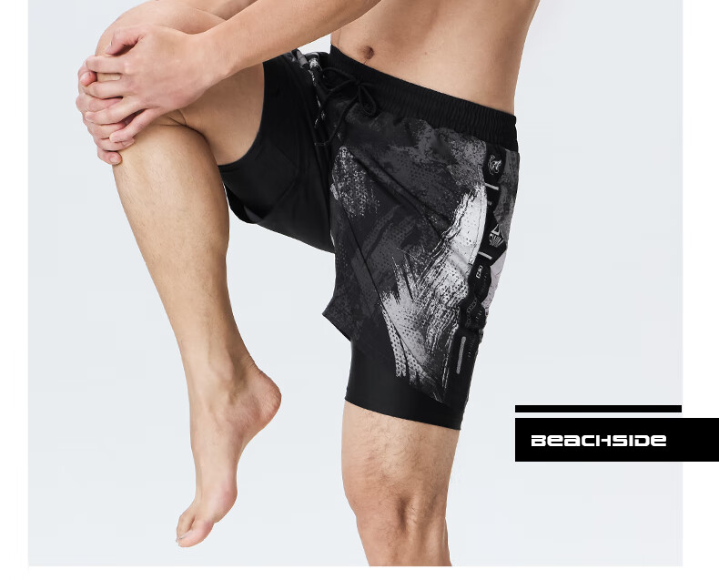 Li-Ning Men's Swim Shorts, Two-In Anti-Embarrassment Printed Five-Point Beach Shorts, Dual-Purpose Swim Trunks, Hot Spring Swimwear, 1101 Black L 12