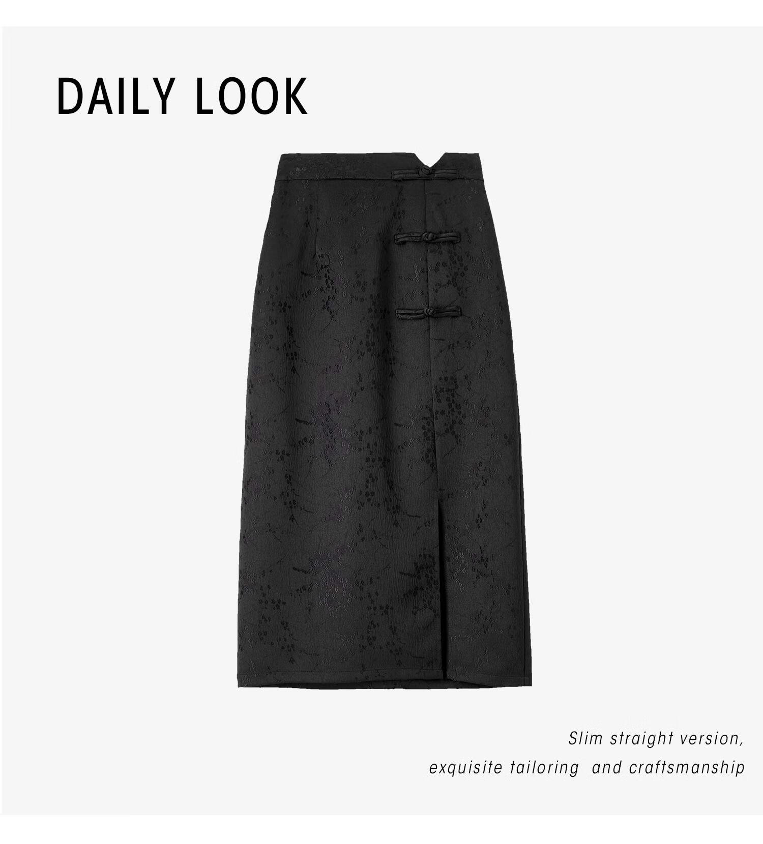 Fan Qin New Chinese-Style Textured Straight Skirt, Early Autumn National Style High-Waist Skirt, Slimming Versatile, 441Q72601, Black, L 6