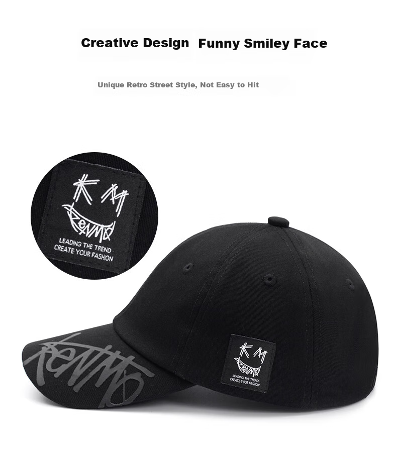KENMO Street Baseball Cap with Smiley Face Woven Label, Sun Protection Soft Top Hat for Men And Women Gift, Black, One Size Fits All 4