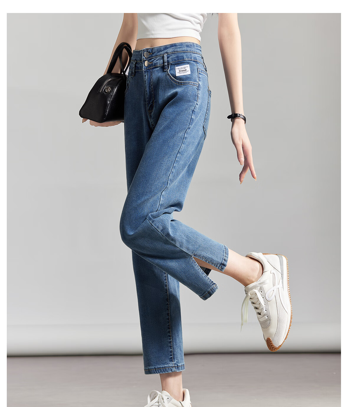 PinCai Women's Cropped Jeans, Petite Size, Solid Color, Slim Fit, High-Waisted, Stretchy, Side Slit, Straight-Leg Casual Pants P12KN1978 37