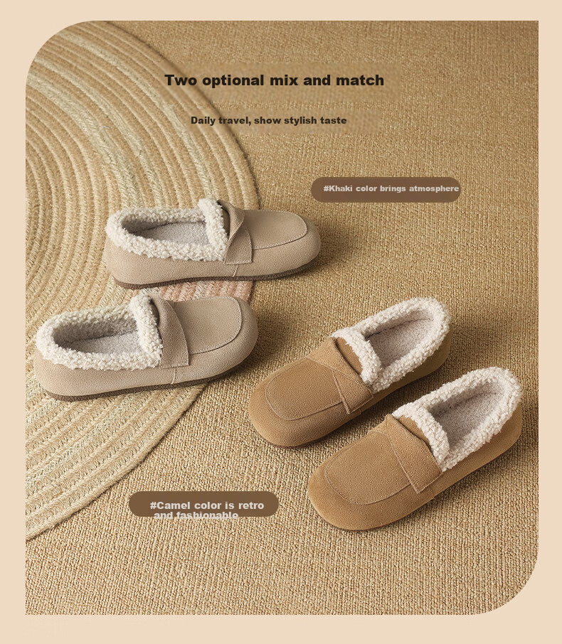 ZHR Bokeng Women's Shoes, 2025 Winter New Style, Fleece-Lined Loafers, Women's Flat Cotton Shoes, Maternity Shoes, EH116B, Khaki, Size 39 5