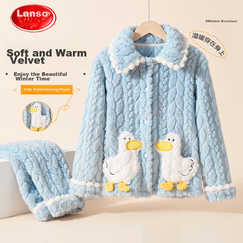 LangSha [Fleece-Lined Thick Flannel] Children's Pajamas, Girls' Autumn And Winter Sleepwear, Big Kids' Home Wear, Warm Set