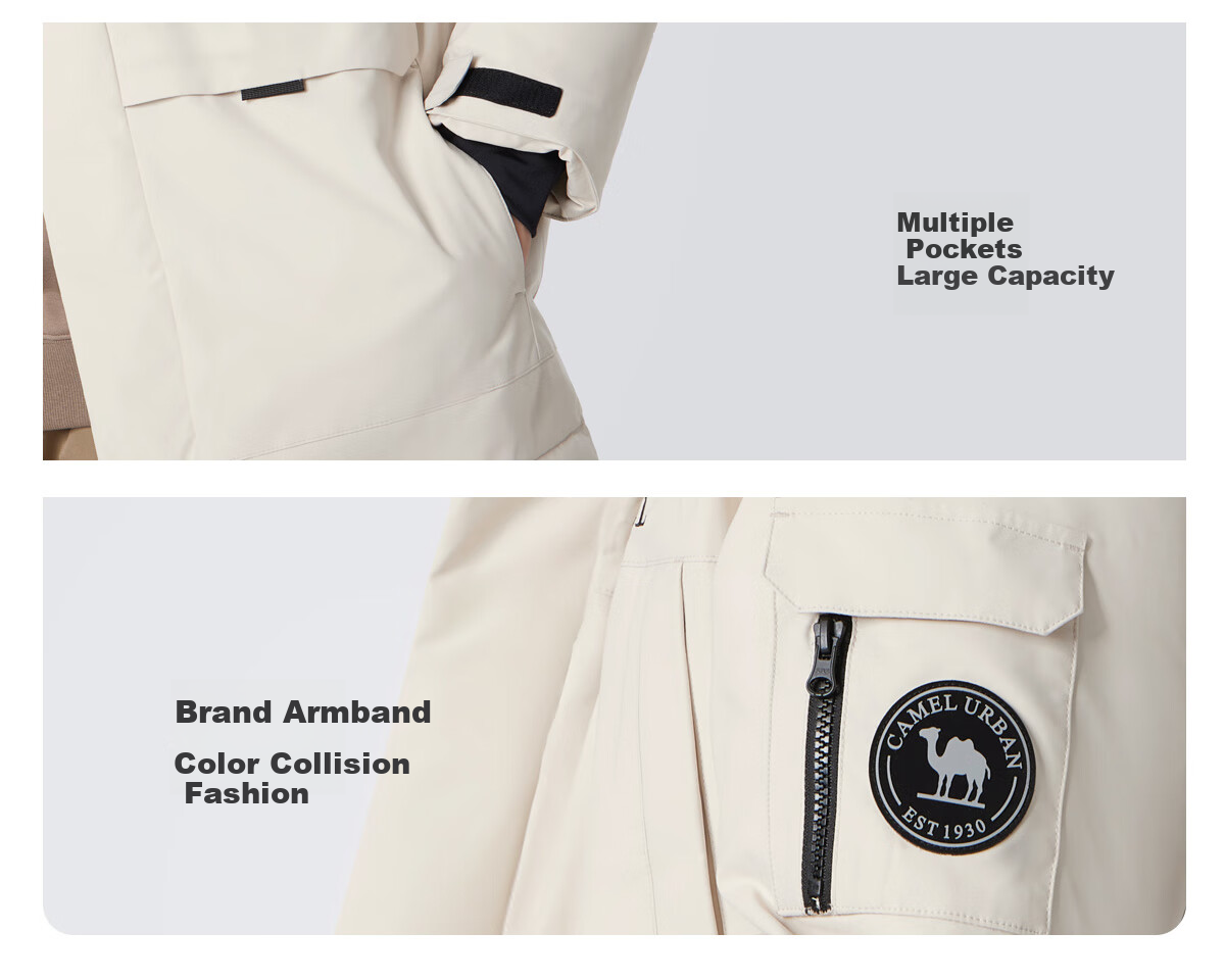 CAMEL Men's Clothing, Large Fur Collar down Jacket, Winter Thickened Workwear Outdoor Warm Windproof Coat, M34CS01643 34