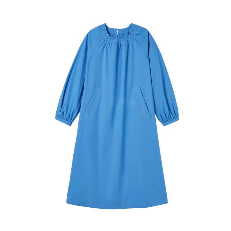 Dme Simple Healing Blue Long Dress Spring Autumn Round Neck Pullover Gathered Long Sleeve Mid-Length Dress