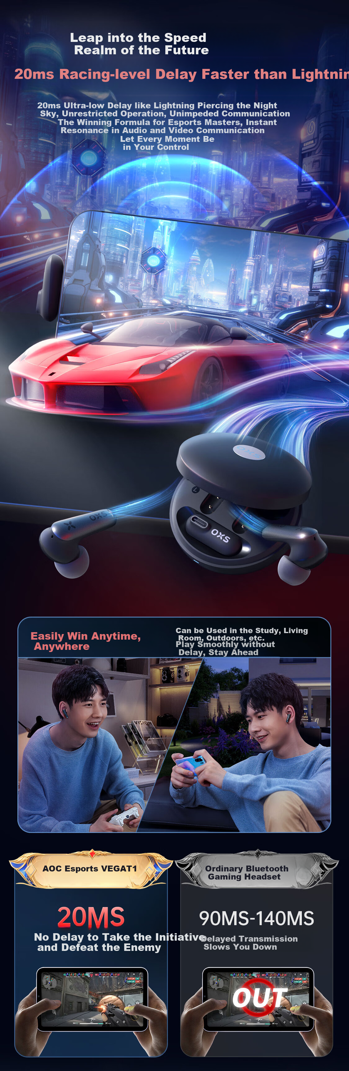OXS Vega T1 Gaming Headset, TWS Wireless Bluetooth Low Latency In-Ear Long Battery Life Smart Noise Cancellation Sound Positioning PUBG Delta Triangle Boys Birthday Gift 3