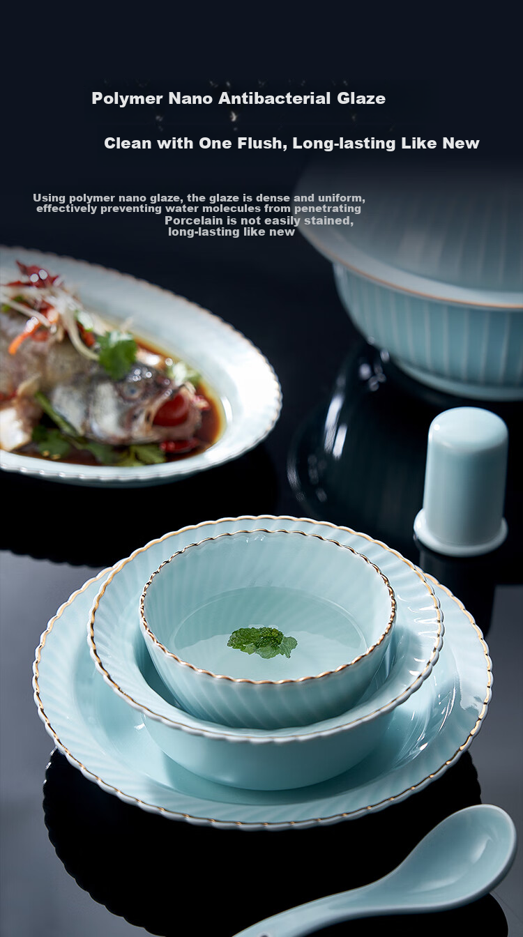 JD Original Bowl And Plate Tableware Set, Ceramic Dinnerware Gift Box for Housewarming, Qingkongjimoyue 66-Piece Set 7