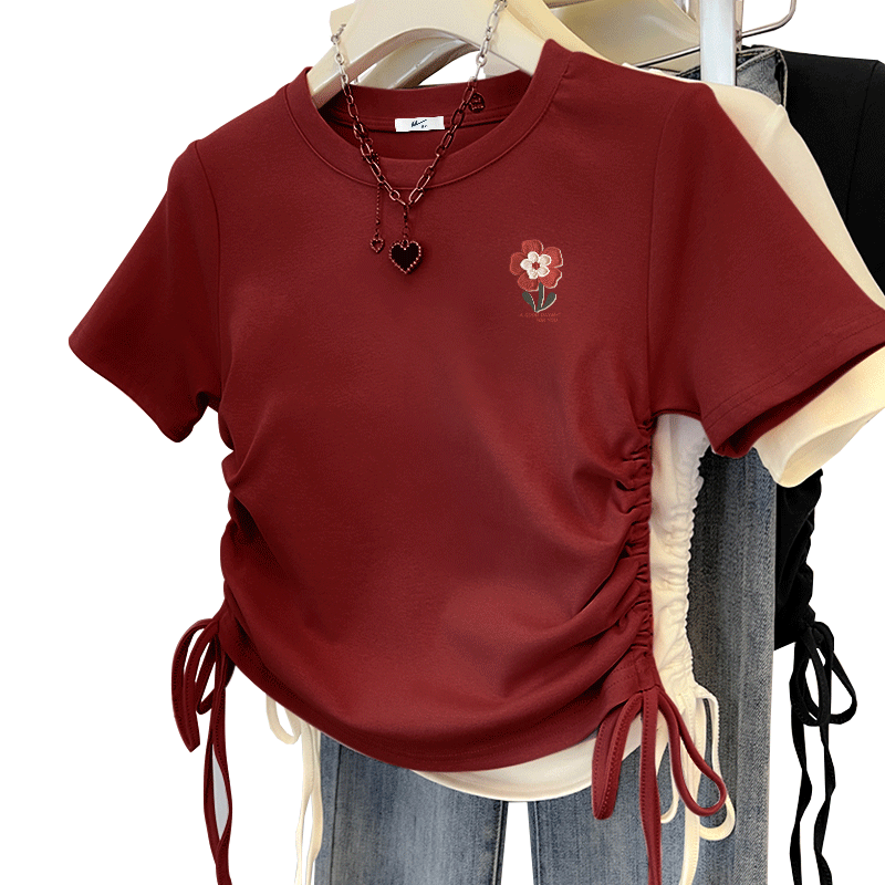 Huili Red Short-Sleeve T-Shirt for Women, Summer 2026 New Style Knitted Drawstring Half Sleeve, Slim-Fit Waist-Cinching Top