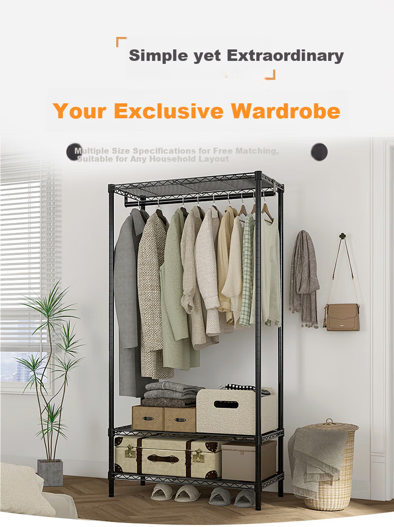 Chuanjing Floor-Standing Clothes Rack, Bedroom Metal Wardrobe Steel Frame, Double-Layer Home Coat Closet Combination Rack, Steel Shelf-Style Wardrobe 1