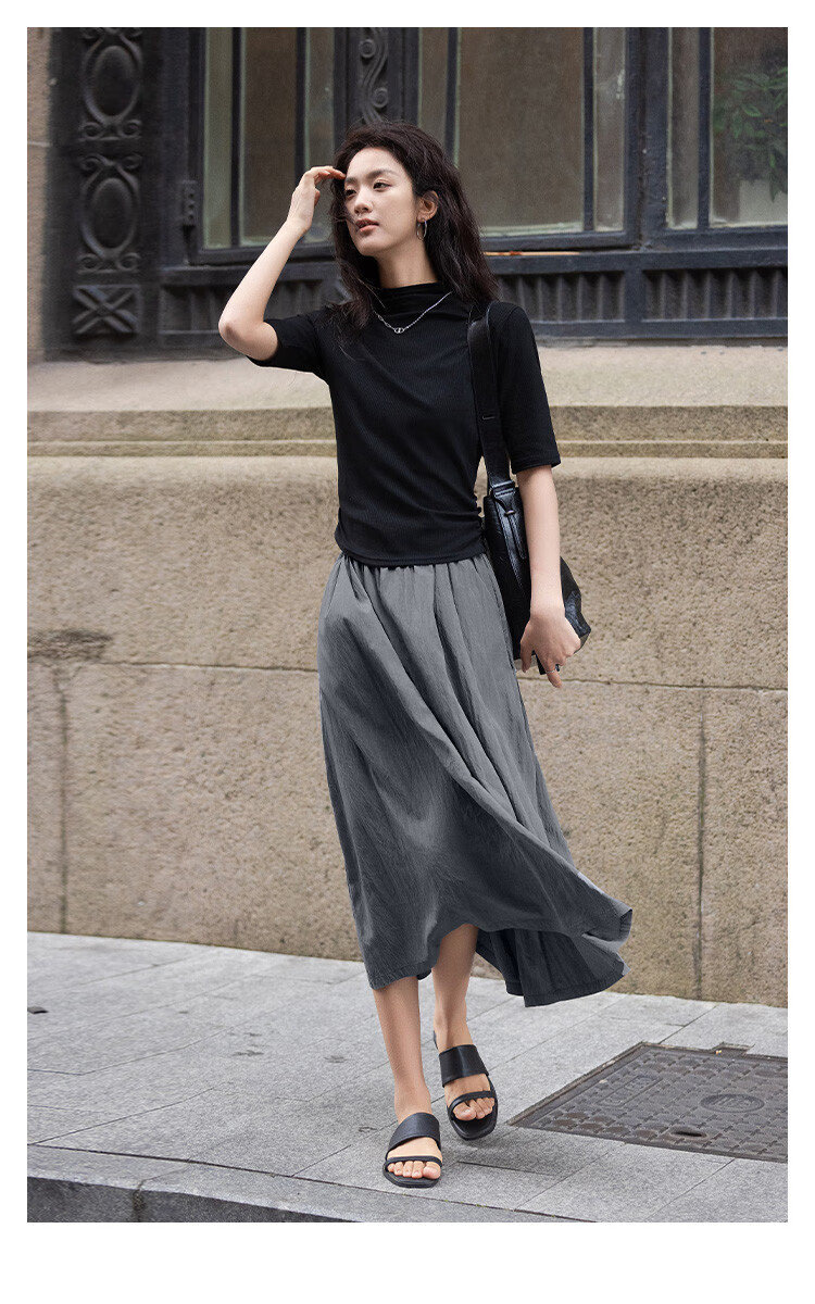 Dme [Relaxed Gray Midi Skirt] Spring And Autumn Wear, Draping, Simple, Loose-Fitting, Elastic Waist, Everyday Layered Midi Skirt 3
