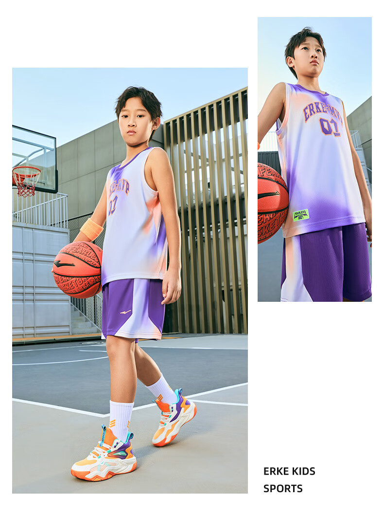 ERKE Children's Clothing, Boys' Sportswear Set for Older Kids, Summer Sleeveless Basketball Outfit, Tianjilan Color, Size 170 9