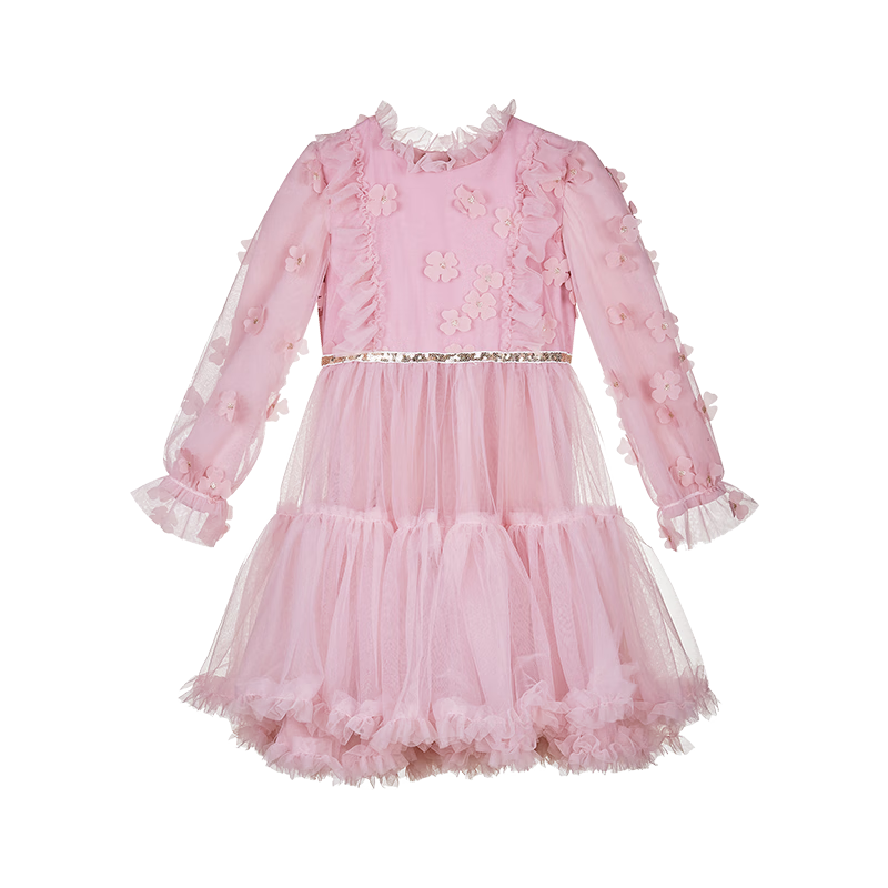 Follow Me Girls' Dress Spring Autumn Sweet Stylish Mesh Princess Dress Pink 150