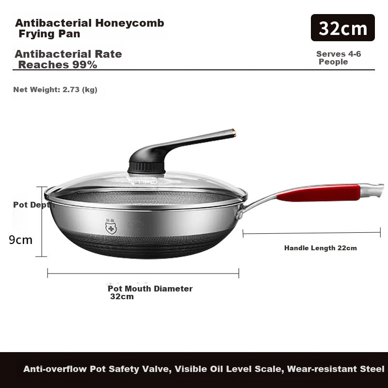 KBH Fifth Generation Wok, Antibacterial Stainless Steel Non-Stick Pan, Double-Sided Honeycomb Flat Bottom Deep Frying Wok for Stir-Frying