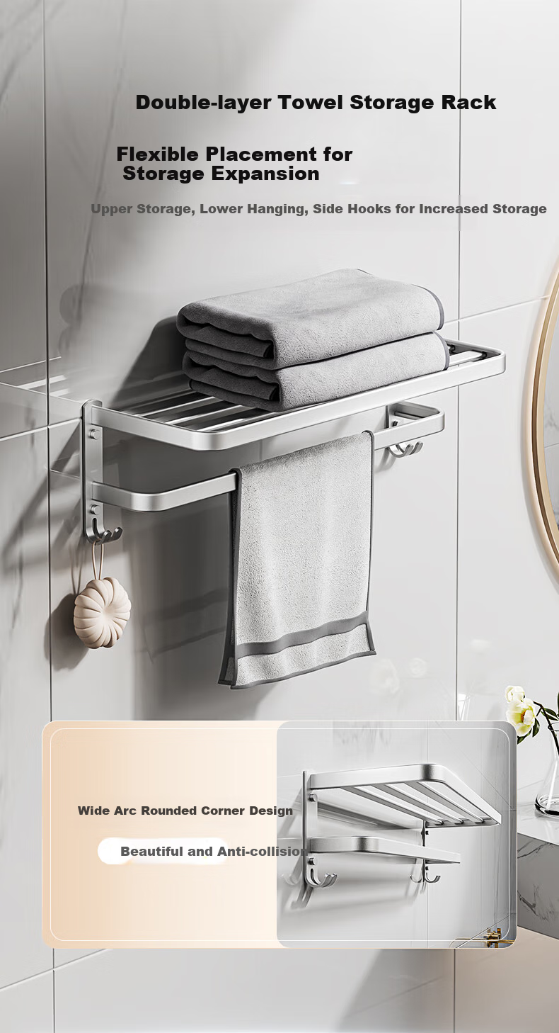 HEGII Wall Hanging Set, Bathroom Storage Rack Towel Holder No-Drill Space Aluminum Accessories 7-Piece Set HMP922K07 4