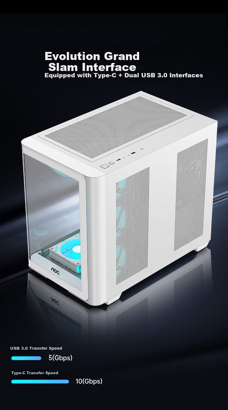 AOC CG455 White ATX Desktop Computer Case with Integrated Curved Tempered Glass Panel, 10 Fan Positions, 360mm Water Cooling Support, Left And Right Compartment Separation, Quick-Release Desig 4
