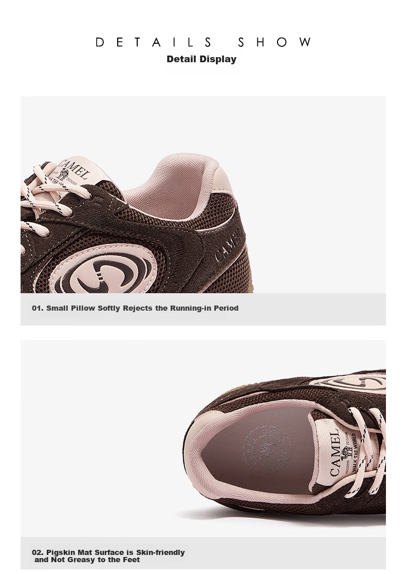 CAMEL Crescent Training Shoes for Women, Versatile Sports Sneakers, Mesh Upper, Retro Casual Shoes, L25S577059, Coffee/pink, Size 35 43
