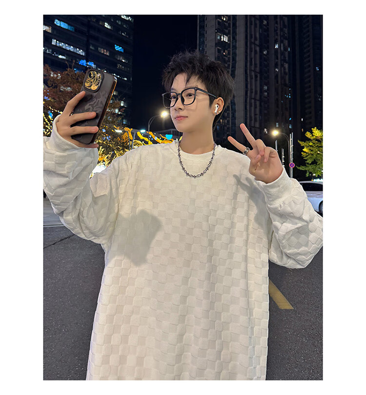 Dingfengbaoluo Japanese-Style Plaid Crew Neck Sweatshirt for Men, Spring Loose-Fitting High-End Casual Base Layer Top DFL77 Black XL 8