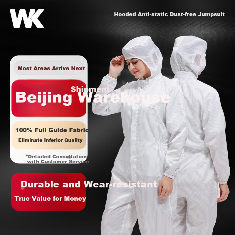 WK Cleanroom Suit, Dust-Proof Suit, Anti-Static Workwear, Clean Room Garment, Striped Hooded Three-Piece Suit, White, XL, Customizable